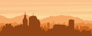 Şehir siluetinin kahverengi panoramik posteri sisli arka plan binaları, gündoğumu, bulutlar ve MontEVIDEO dağları, URUGUAY