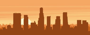 Şehrin sisli arka plan binaları, güneş doğuşu, bulutlar ve LOS ANGELES dağları, Birleşik Devletler 'in kahverengi panoramik posterleri.