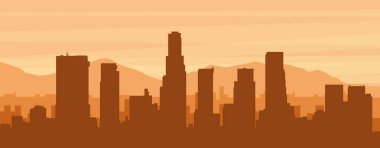 Şehrin sisli arka plan binaları, güneş doğuşu, bulutlar ve LOS ANGELES dağları, Birleşik Devletler 'in kahverengi panoramik posterleri.