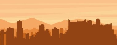 Şehir siluetinin kahverengi panoramik posteri sisli arka plan binaları, gün doğumu, bulutlar ve VALENCIA dağları, VENEZUELA