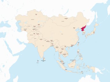 Beyaz ve mavi arkaplan üzerine ortografik projeksiyon kullanarak Asya 'nın kırmızı, kırmızı, detaylı siyasi haritasının altı çizilmiş kırmızı haritası