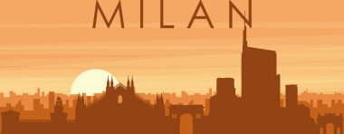 Şehrin sisli arka plan binaları, gündoğumu, MILAN bulutları ve dağları (MILANO), İtalya 'nın kahverengi panoramik posterleri