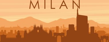 Şehrin sisli arka plan binaları, gündoğumu, MILAN bulutları ve dağları (MILANO), İtalya 'nın kahverengi panoramik posterleri