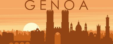 Şehrin sisli arka plan binaları, gündoğumu, bulutlar ve GENOVA (GENOVA) dağlarının kahverengi panoramik posteri, İtalya