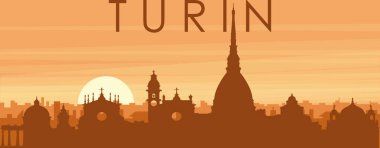 Şehrin sisli arka plan binaları, gündoğumu, bulutlar ve TORINO dağları ile kahverengi panoramik posteri, İtalya