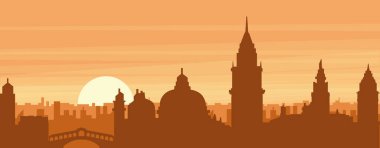 Şehrin sisli arka plan binaları, gündoğumu, bulutlar ve VENEZIA (VENEZIA) dağlarının kahverengi panoramik posteri, İtalya