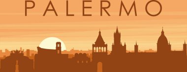 Şehir siluetinin kahverengi panoramik posteri sisli arka plan binaları, gün doğumu, bulutlar ve İtalya 'nın dağları