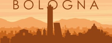 Şehrin sisli arka plan binaları, gündoğumu, bulutlar ve BOLOGNA dağları ve İtalya 'nın kahverengi panoramik posteri.