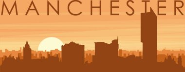 Şehir siluetinin kahverengi panoramik posteri sisli arka plan binaları, gündoğumu, bulutlar ve manchester dağları, Birleşik KINGDOM