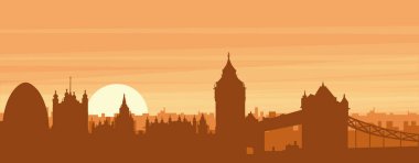 Şehir siluetinin kahverengi panoramik posteri sisli arka plan binaları, gündoğumu, bulutlar ve LONDON dağları, UNITED KINGDOM