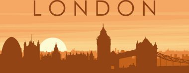 Şehir siluetinin kahverengi panoramik posteri sisli arka plan binaları, gündoğumu, bulutlar ve LONDON dağları, UNITED KINGDOM