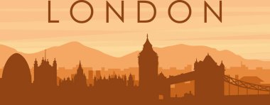 Şehir siluetinin kahverengi panoramik posteri sisli arka plan binaları, gündoğumu, bulutlar ve LONDON dağları, UNITED KINGDOM