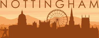 Şehrin sisli arka plan binaları, güneş doğuşu, bulutlar ve NOTTINGHAM dağları, Birleşik KINGDOM 'un kahverengi panoramik posteri.