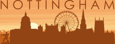Şehrin sisli arka plan binaları, güneş doğuşu, bulutlar ve NOTTINGHAM dağları, Birleşik KINGDOM 'un kahverengi panoramik posteri.