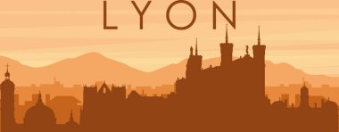 Şehir siluetinin kahverengi panoramik posteri sisli arka plan binaları, gün doğumu, bulutlar ve LYON dağları, FRANCE