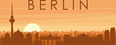 Şehir siluetinin kahverengi panoramik posteri sisli arka plan binaları, gün doğumu, bulutlar ve BERLIN dağları, ALMANY