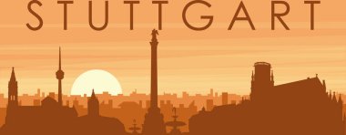 Şehir siluetinin kahverengi panoramik posteri sisli arka plan binaları, gündoğumu, bulutlar ve STUTTGART dağları, ALMANY