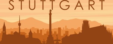 Şehir siluetinin kahverengi panoramik posteri sisli arka plan binaları, gündoğumu, bulutlar ve STUTTGART dağları, ALMANY