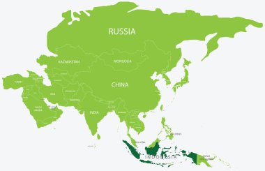 Açık mavi arkaplanda ortografik projeksiyon kullanılarak Asya 'nın açık yeşil politik haritasında INDONEZYA' nın vurgulanmış yeşil haritası