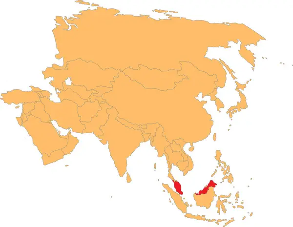 stock vector Highlighted red map of MALAYSIA inside orange detailed political map of Asia using orthographic projection on transparent background