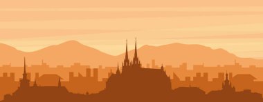 Şehrin sisli arka plan binaları, gündoğumu, bulutlar ve BRNO dağları ile kahverengi panoramik afişi, CZECH REPUBLIC