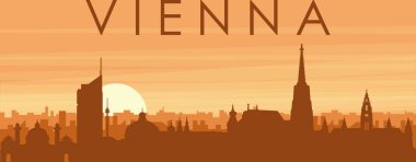 Şehir siluetinin kahverengi panoramik posteri sisli arka plan binaları, gün doğumu, bulutlar ve Viyana dağları, AUSTRIA