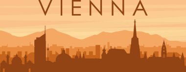 Şehir siluetinin kahverengi panoramik posteri sisli arka plan binaları, gün doğumu, bulutlar ve Viyana dağları, AUSTRIA