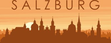 Şehrin sisli arka plan binaları, güneş doğuşu, bulutlar ve SALZBURG dağları ve AUSTRIA 'nın kahverengi panoramik posteri