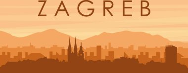 Şehir siluetinin kahverengi panoramik posteri sisli arka plan binaları, gün doğumu, bulutlar ve ZAGREB dağları, CROATIA