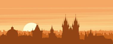 Şehrin sisli arka plan binaları, gündoğumu, bulutlar ve PRAGUE dağları ile kahverengi panoramik posteri, CZECH REPUBLIC