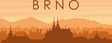 Şehrin sisli arka plan binaları, gündoğumu, bulutlar ve BRNO dağları ile kahverengi panoramik afişi, CZECH REPUBLIC