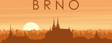 Şehrin sisli arka plan binaları, gündoğumu, bulutlar ve BRNO dağları ile kahverengi panoramik afişi, CZECH REPUBLIC
