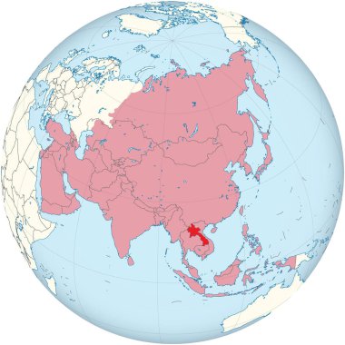 Kızıl L.A.O.S 'un kırmızı haritası kırmızı içerisindeki boş Asya haritasında Globe' un ortografik yansımasını kullanarak işaretlenmiş.
