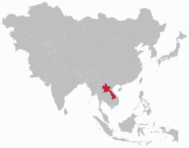 Orta Doğu ve Rusya 'dan bağımsız olarak açık mavi arkaplan üzerinde Asya' nın gri ve boş siyasi haritasının içindeki LAOS 'un kırmızı haritası vurgulandı