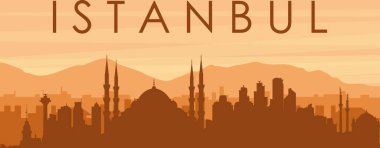 Şehrin sisli arka plan binaları, güneş doğuşu, bulutlar ve ISTANBUL dağları ve TURKEY 'nin kahverengi panoramik posteri