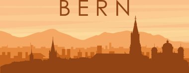 Şehir siluetinin kahverengi panoramik posteri sisli arka plan binaları, gün doğumu, bulutlar ve BERN dağları, SWitzERLAND
