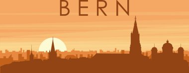 Şehir siluetinin kahverengi panoramik posteri sisli arka plan binaları, gün doğumu, bulutlar ve BERN dağları, SWitzERLAND