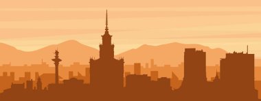 Şehir siluetinin kahverengi panoramik posteri sisli arka plan binaları, gün doğumu, bulutlar ve WARA, POLAND dağları