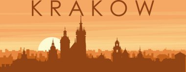 Şehrin sisli arka plan binaları, güneş doğuşu, bulutlar ve KRAKOW, POLAND dağlarının kahverengi panoramik posteri.