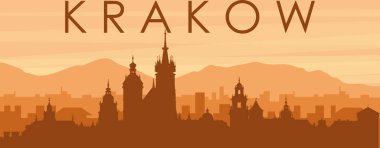 Şehrin sisli arka plan binaları, güneş doğuşu, bulutlar ve KRAKOW, POLAND dağlarının kahverengi panoramik posteri.