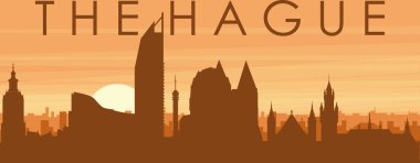 Şehir siluetinin kahverengi panoramik posteri sisli arka plan binaları, gündoğumu, bulutlar ve HAGUE dağları, NETHERLANDS