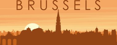 Şehir siluetinin kahverengi panoramik posteri sisli arka plan binaları, gündoğumu, bulutlar ve BRÜKSEL dağları, BELGIUM