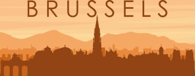 Şehir siluetinin kahverengi panoramik posteri sisli arka plan binaları, gündoğumu, bulutlar ve BRÜKSEL dağları, BELGIUM