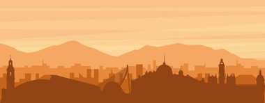 Şehrin sisli arka plan binaları, güneş doğuşu, bulutlar ve SAN DIEGO dağları, Birleşik Devletler 'in kahverengi panoramik posterleri.