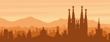 Şehrin sisli arka plan binaları, güneş doğuşu, bulutlar ve BARCELONA dağları, İspanya 'nın kahverengi panoramik posteri.