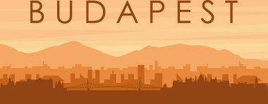 Şehir siluetinin kahverengi panoramik posteri sisli arka plan binaları, gün doğumu, bulutlar ve BÜDAPEST dağları, HUNGARY