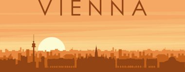 Şehir siluetinin kahverengi panoramik posteri sisli arka plan binaları, gün doğumu, bulutlar ve Viyana dağları, AUSTRIA