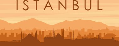 Şehrin sisli arka plan binaları, güneş doğuşu, bulutlar ve ISTANBUL dağları ve TURKEY 'nin kahverengi panoramik posteri