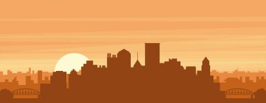 Şehir siluetinin kahverengi panoramik posteri sisli arka plan binaları, gündoğumu, bulutlar ve Pthe BURGH dağları, Birleşik Devletler