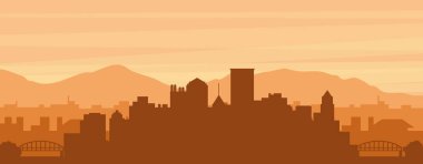 Şehir siluetinin kahverengi panoramik posteri sisli arka plan binaları, gündoğumu, bulutlar ve Pthe BURGH dağları, Birleşik Devletler